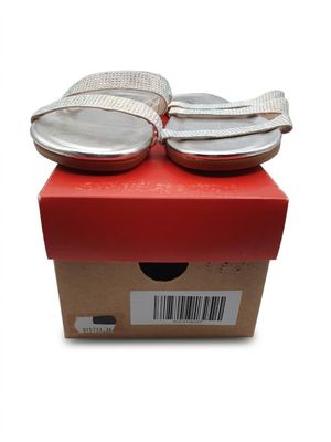 Sur la boîte à chaussures, il y a deux paires de chaussures argentées.