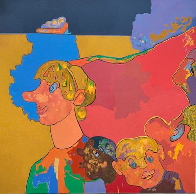 a painting of a woman and two children in front of a painting of a man and a woman