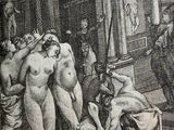 a black and white drawing of a group of naked men in front of a building