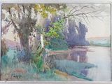 a watercolor painting of a tree by the water