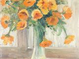 tableau représentant un vase de fleurs jaunes posé sur une table devant une fenêtre