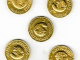 four gold coins with faces of people on them on a white surface