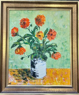 a painting of flowers in a vase on a table