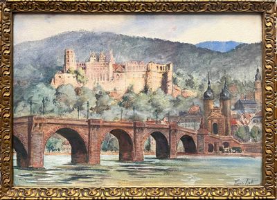 un tableau représentant un château sur une colline, avec un pont