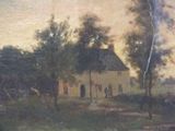 painting of a house in a country setting with a horse in the foreground and trees in the foreground