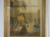 tableau représentant une femme assise sur un banc devant un immeuble