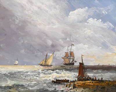 une peinture représentant un bateau dans l'eau près d'une rive