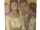 une peinture à l'huile représentant un groupe de personnes debout les unes à côté des autres