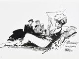 drawing of a man and woman sitting on a chair with a flag