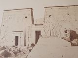an old photo of a building with a horse in front of it