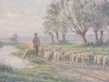 a painting of a man herding a flock of sheep down a road