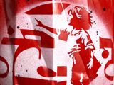 painting of a girl with a red umbrella on a red wall