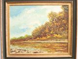une peinture à l'huile représentant un paysage avec des arbres en arrière-plan