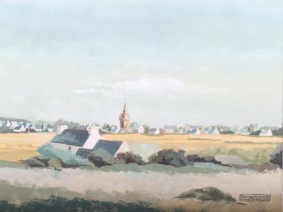 peinture d'une église dans un champ sur fond de ciel