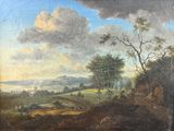an old painting of a landscape with a man on a horse in the foreground