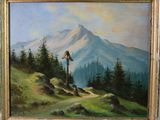tableau représentant un oiseau perché au sommet d'une montagne, avec une chaîne de montagnes en arrière-plan