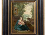 a painting of a woman holding a child in a landscape