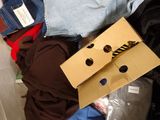 a cat that is sitting in a box of clothes