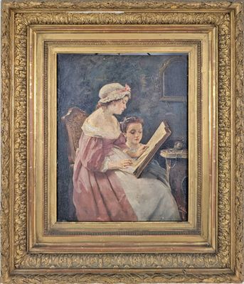 a painting of a woman reading to a child in a chair