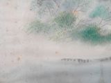 a painting of a group of sheep walking in the water