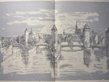 drawing of a view of a city with a bridge and a river