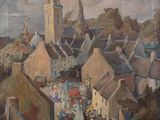 an image of a painting of a town with a church steeple in the background