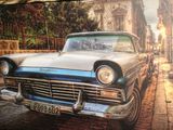 painting of a classic car parked on a cobblestone street