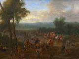 painting of a large group of people riding horses in a wooded area