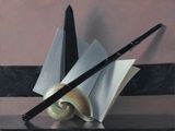 a painting of a book and a pen on a table