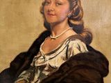 painting of a woman in a fur coat and pearls in her hair
