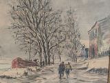 painting of a winter scene with people walking down a snowy road