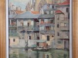 painting of a view of a city with a boat in the water