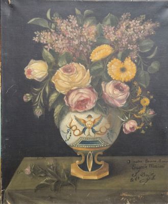 peinture d'un vase de fleurs sur une table sur fond noir