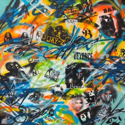 peinture représentant plusieurs graffitis sur un mur dans une pièce