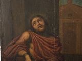 painting of a man in a red robe sitting on a chair