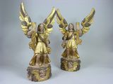 paire de figurines d'anges en laiton ancien sur socles en marbre