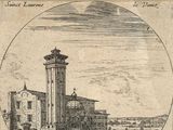 an old drawing of a clock tower in a city with a clock tower in the background