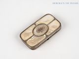 a silver case with a picture of a lion on it