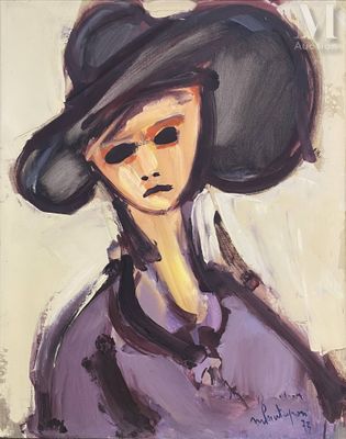 une peinture à l'huile représentant une femme coiffée d'un grand chapeau noir