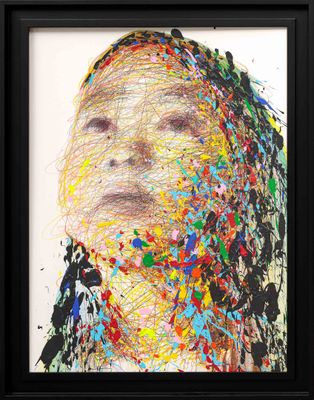 an abstract painting of a woman ' s face with multicolored paint splattered on it