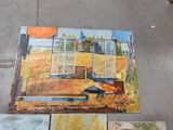 painting on the floor of a room with a view of a farm