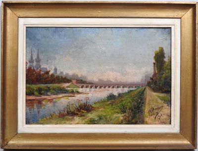 une peinture à l'huile représentant un pont enjambant une rivière dans un cadre champêtre