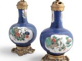 une paire de vases bleus et blancs ornés de fleurs et d'oiseaux