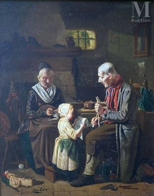 painting of an old man and woman sitting at a table with a child