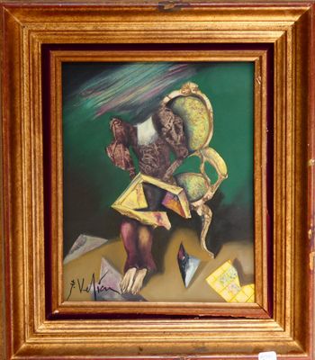 une peinture à l'huile représentant un homme assis sur une chaise avec un chien