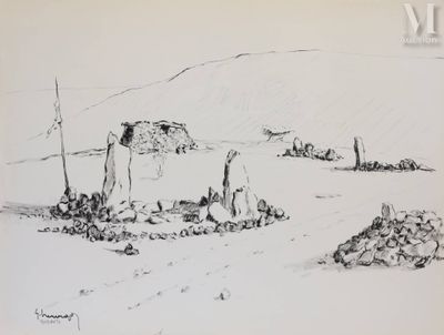 dessin représentant un ancien édifice en pierre au milieu d'un champ
