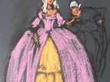 drawing of a woman in a pink dress and a man in a black suit