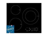 a black stove top with three burners and a blue label on it