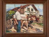 une peinture à l'huile représentant un homme avec une charrette et un cheval