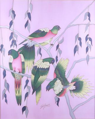 painting of a group of birds perched on a branch of a tree